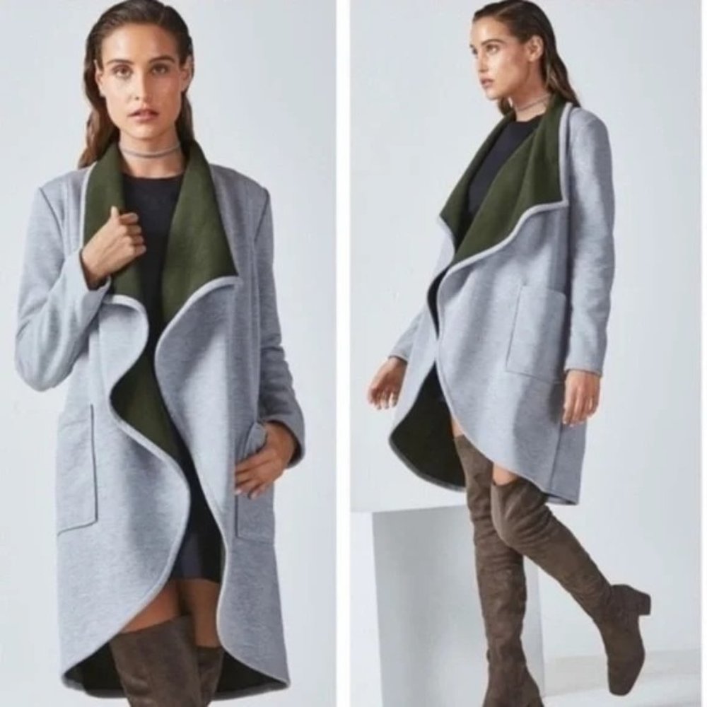 Fabletics S MOSCOW‎ Coat Gray Green Fleece Lined Cascade Waterfall Open Front